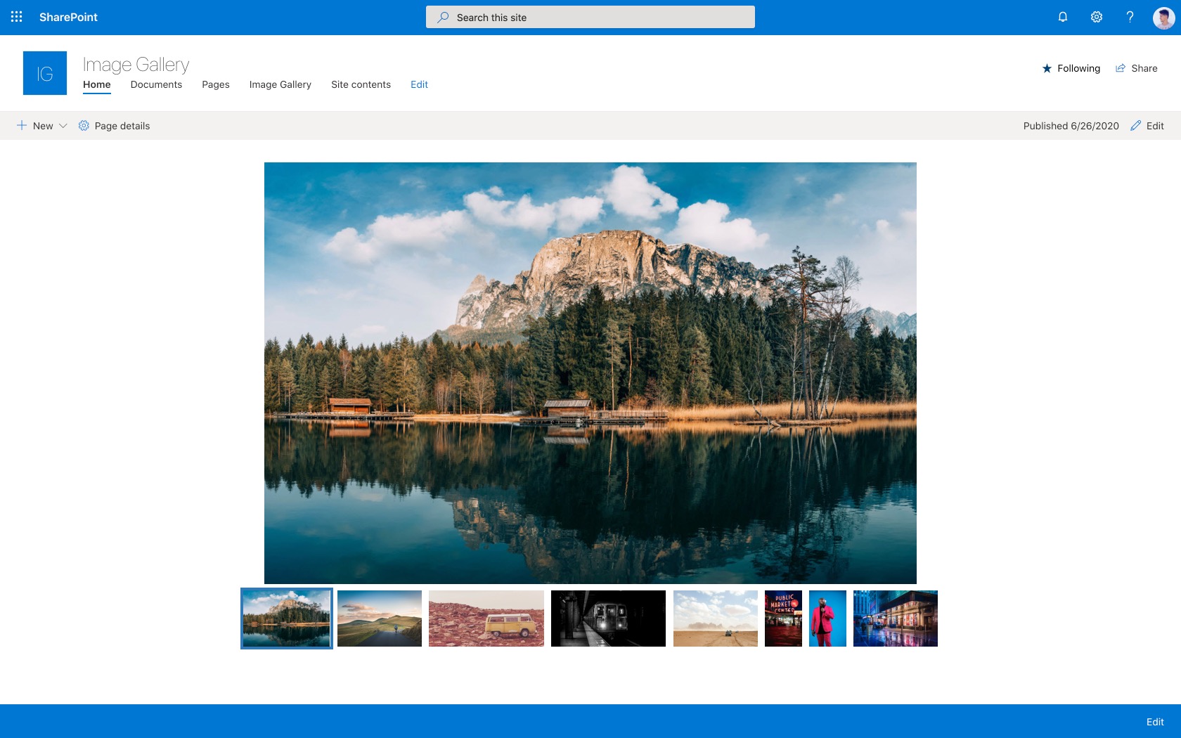 Image Gallery on a SharePoint page with a large photo and thumbnails