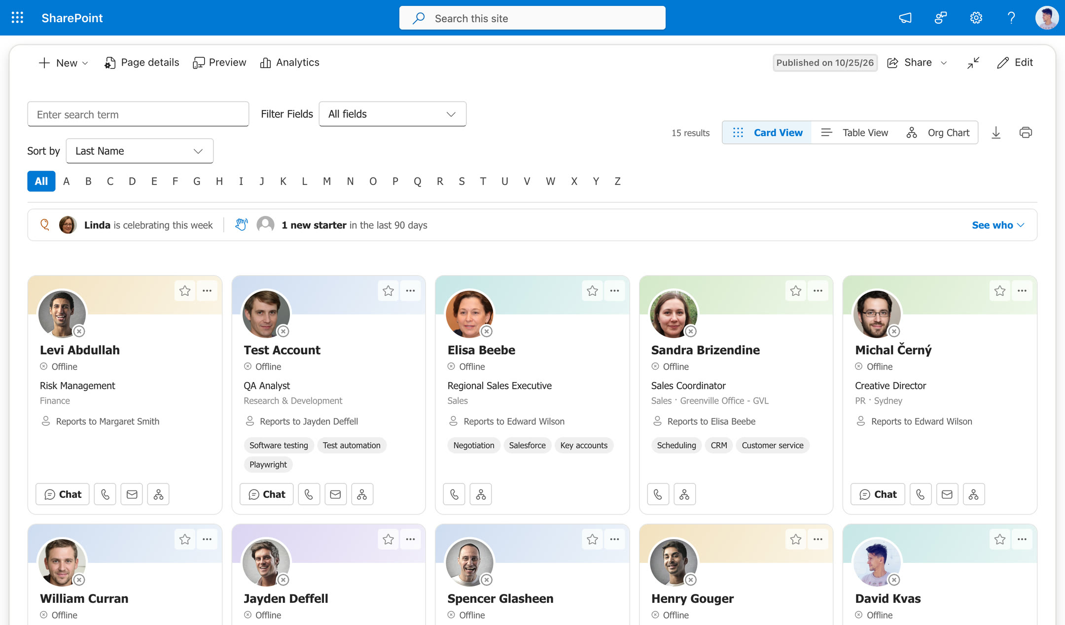 People Directory Plus employee directory in SharePoint Online, card view with search and A–Z filter